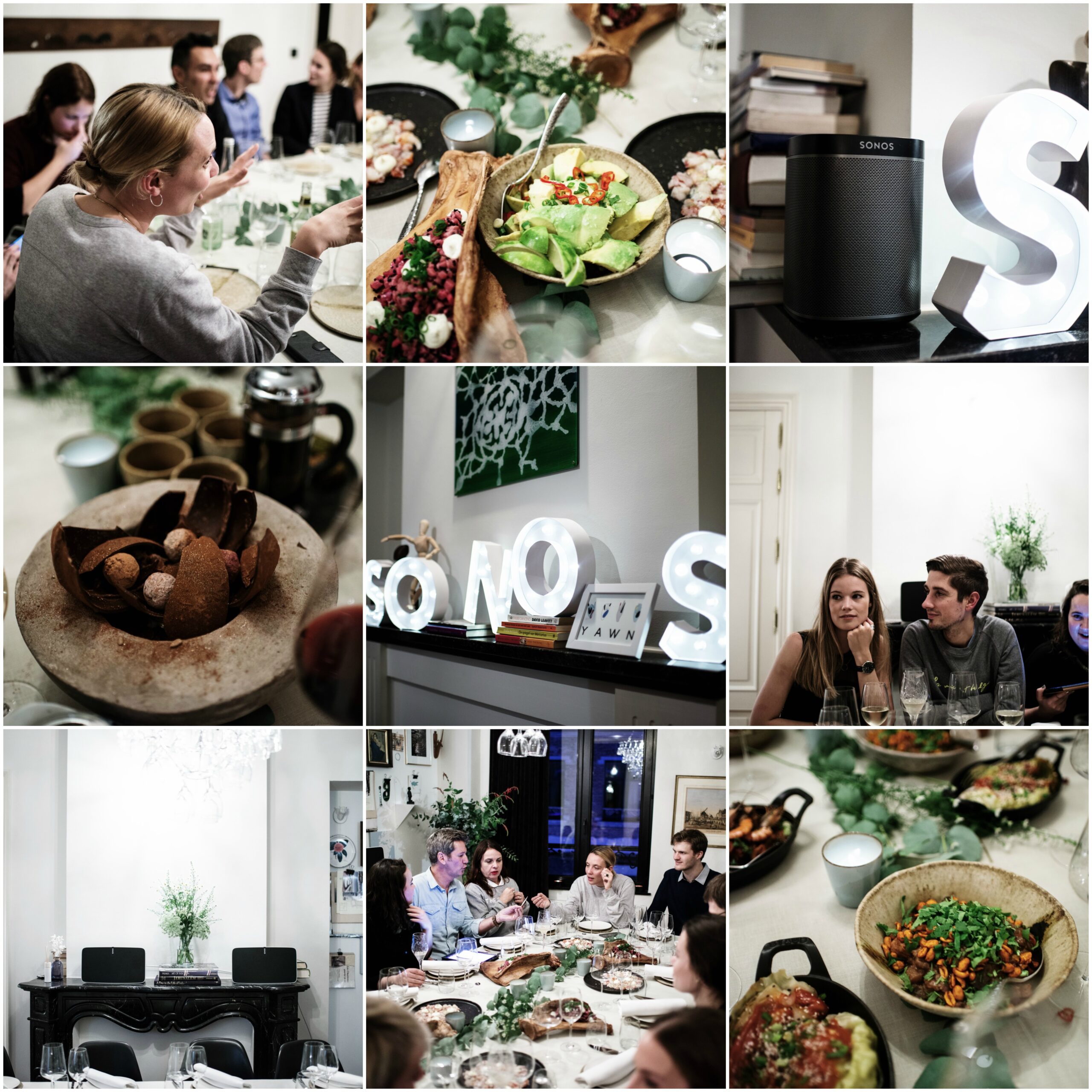 Fotocollage van eten, gasten en speakers tijdens een Sonos-diner