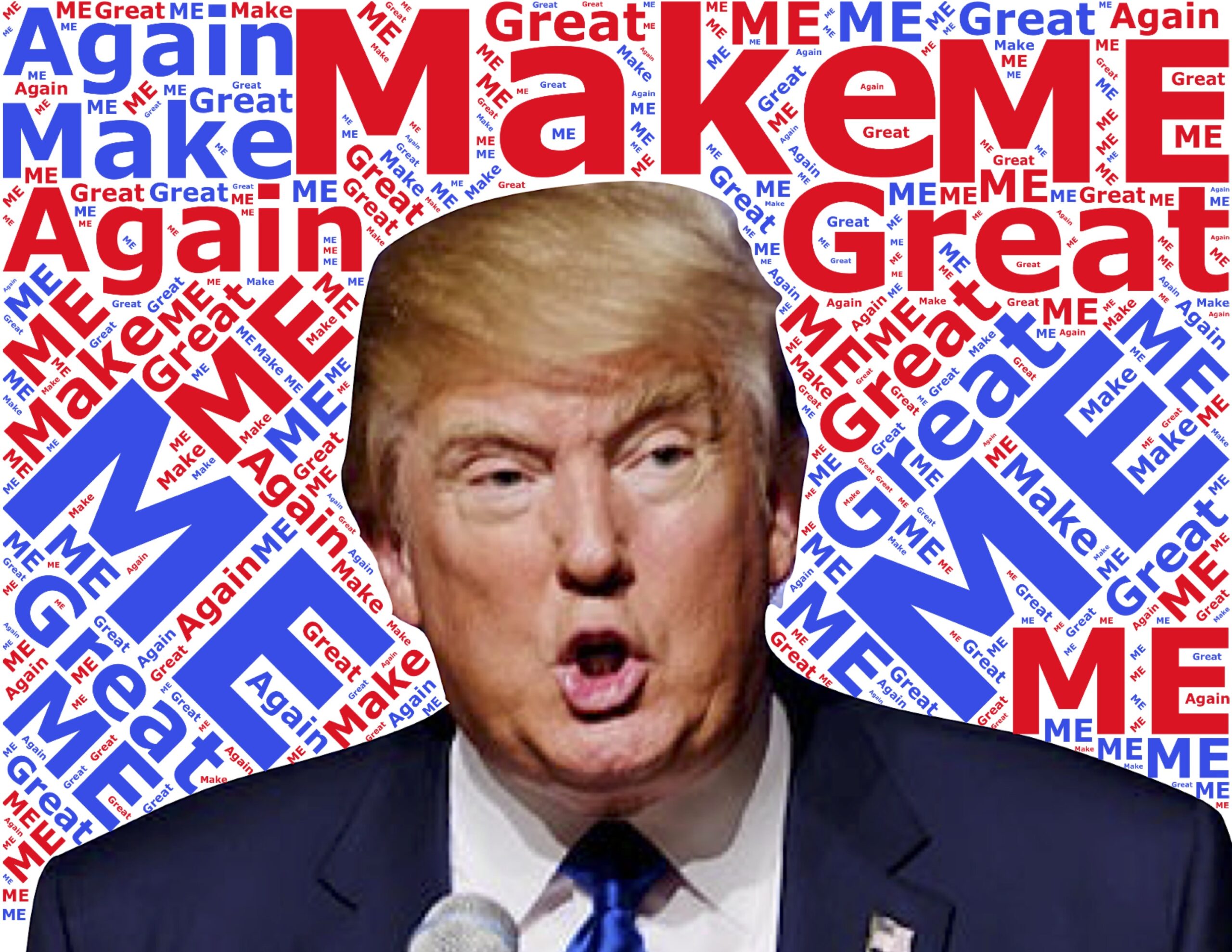 Donald Trump in front of a red and blue campaign-style word collage